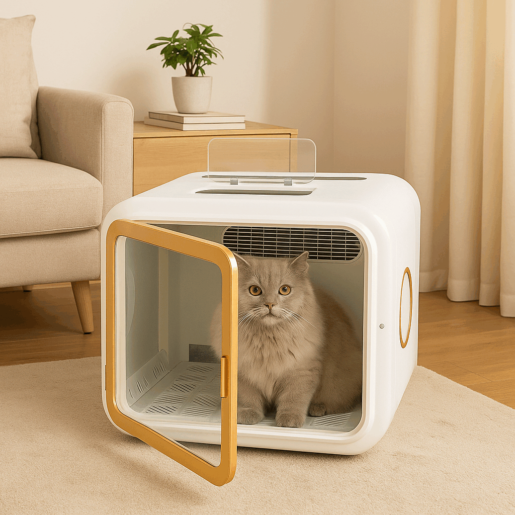 A fluffy gray cat sits calmly inside a white pet dryer box with a gold-trimmed transparent door, placed in a cozy living room with a beige sofa, wooden side table, books, and a potted plant in the background.