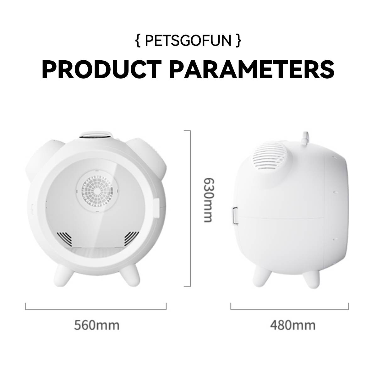 Product size dimensions of the PETSGOFUN pet dryer box, showing front and side views with measurements: 560mm wide, 480mm deep, and 630mm tall.
