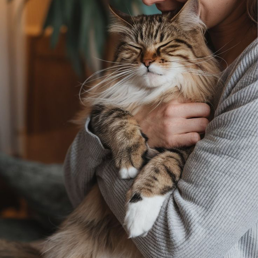 A lady hugging a cat