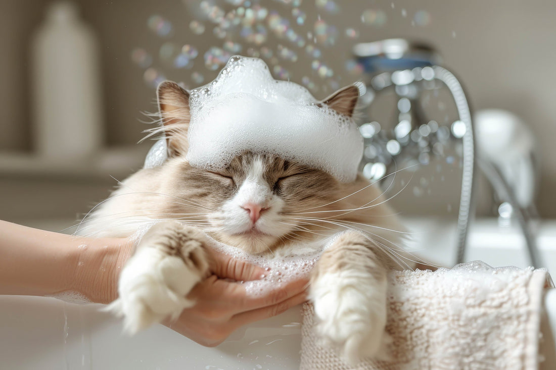 cat bathing at home