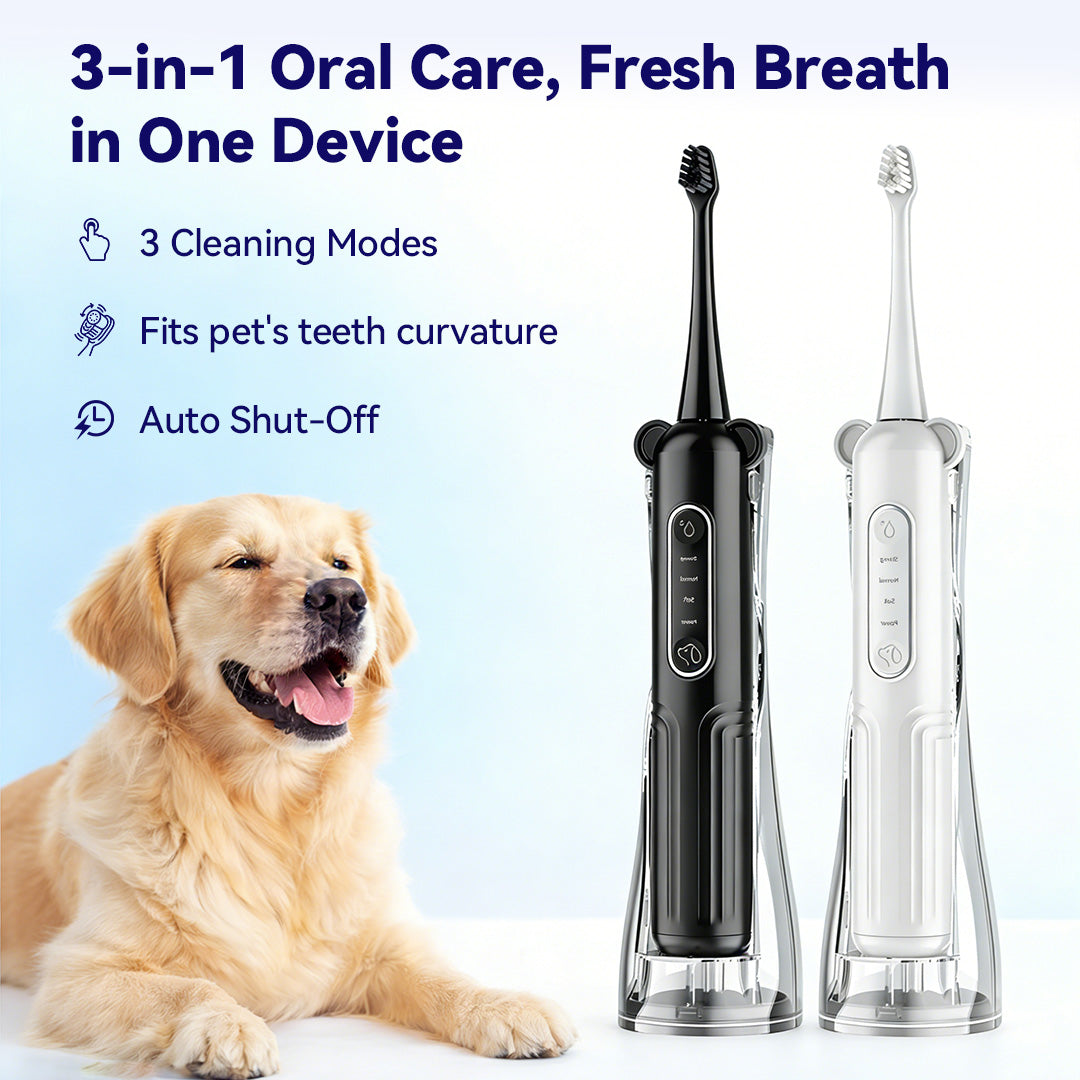 3-in-1 pet oral care device with fresh breath feature, 3 cleaning modes, fits pet's teeth curvature, and auto shut-off function for safe daily use.
