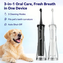 3-in-1 pet oral care device with fresh breath feature, 3 cleaning modes, fits pet's teeth curvature, and auto shut-off function for safe daily use.