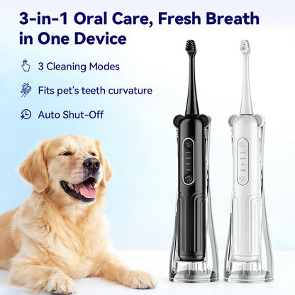 3-in-1 pet oral care device with fresh breath feature, 3 cleaning modes, fits pet's teeth curvature, and auto shut-off function for safe daily use.
