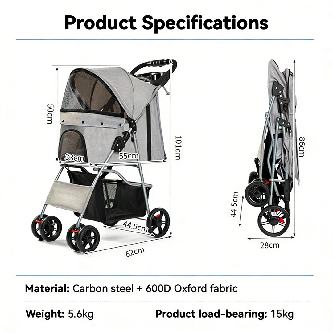 Foldable Pet Collapsible Stroller with Storage Basket for Cats and Dogs