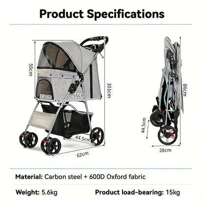 Foldable Pet Collapsible Stroller with Storage Basket for Cats and Dogs