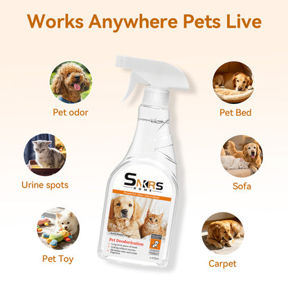 Pet urine odor eliminator works anywhere pets live - pet bed, carpet, sofa, urine spots, and pet toys. 