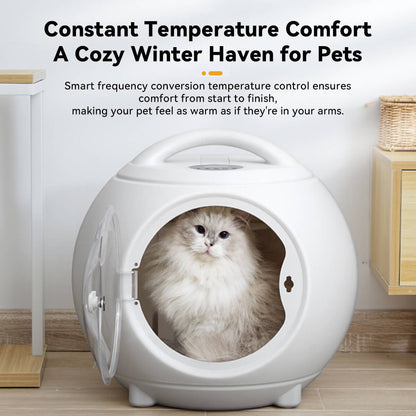 Fluffy long-haired cat sitting inside an automatic pet dryer box with handle, featuring constant temperature control for cozy winter drying.