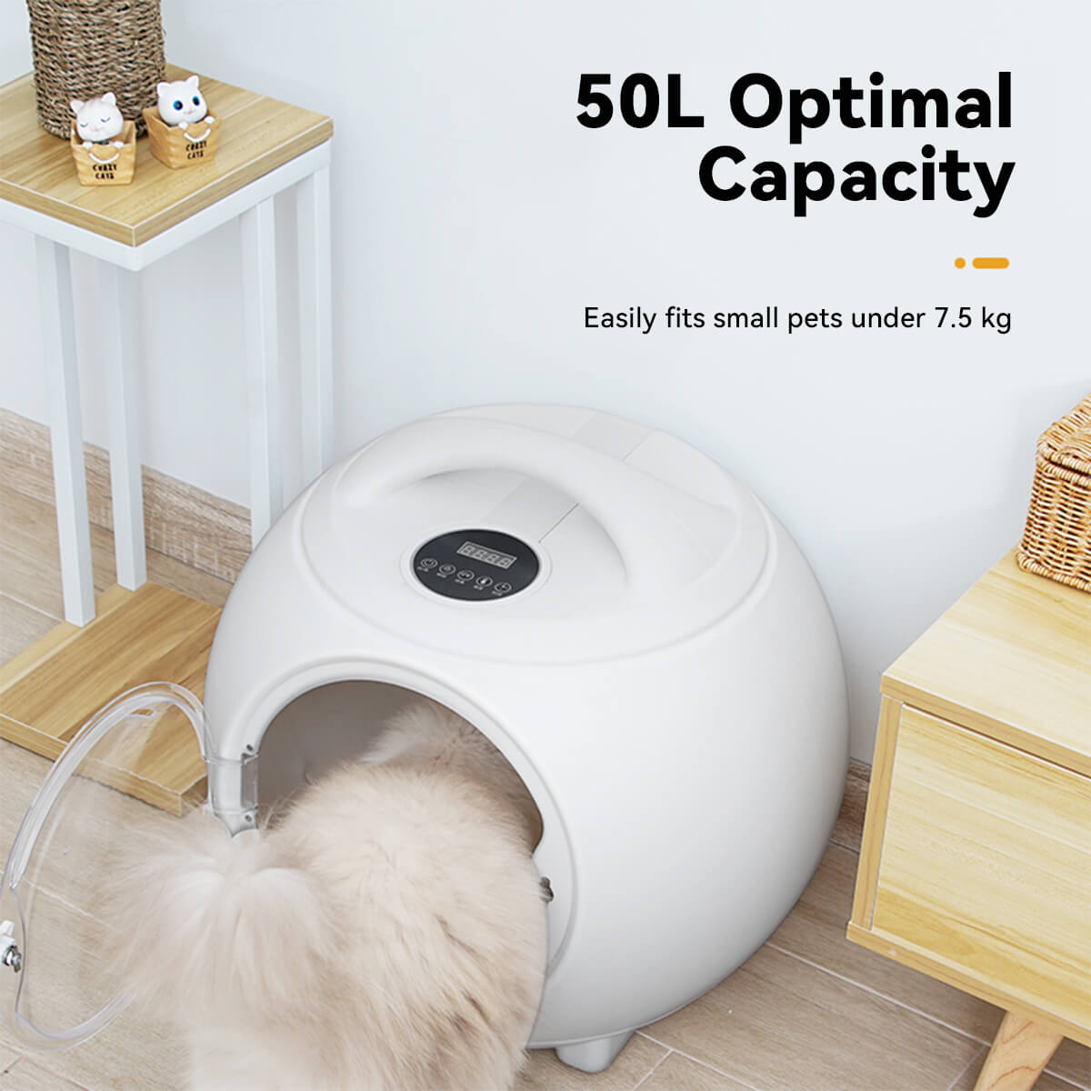 Automatic pet dryer box with handle and touchscreen, showing a fluffy cat entering the 50L capacity chamber, ideal for pets under 7.5kg.