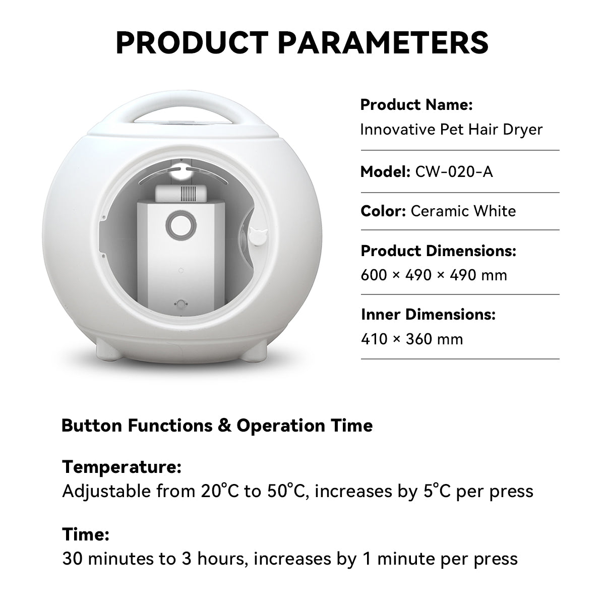 Automatic pet dryer box with handle in ceramic white, showing model CW-020-A with adjustable temperature and timer settings for home pet grooming.