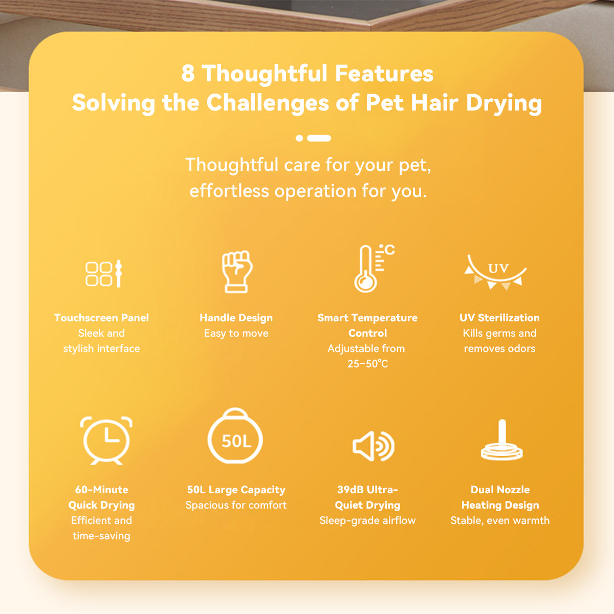 Infographic of automatic pet dryer box with handle, highlighting 8 features including touchscreen, UV sterilization, quiet drying, and smart temperature control.