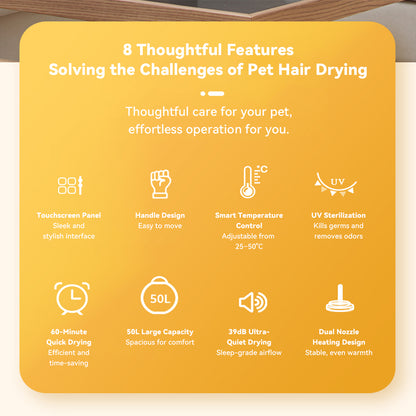 Infographic of automatic pet dryer box with handle, highlighting 8 features including touchscreen, UV sterilization, quiet drying, and smart temperature control.