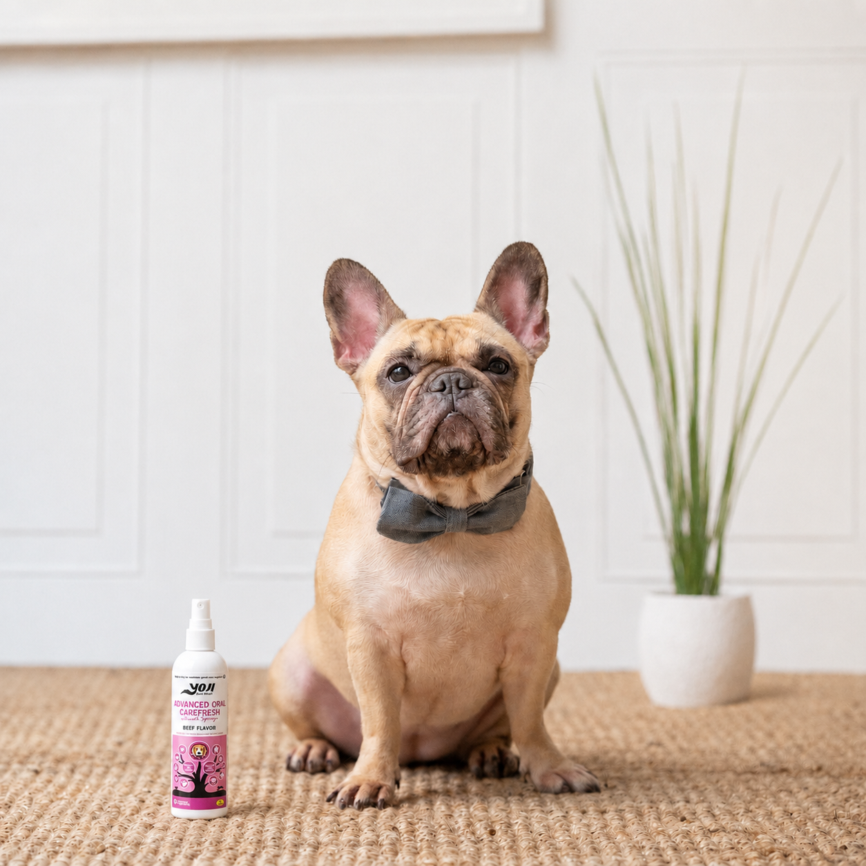 Beef flavor pet dental spray with French bulldog for daily dog oral care and fresh breath