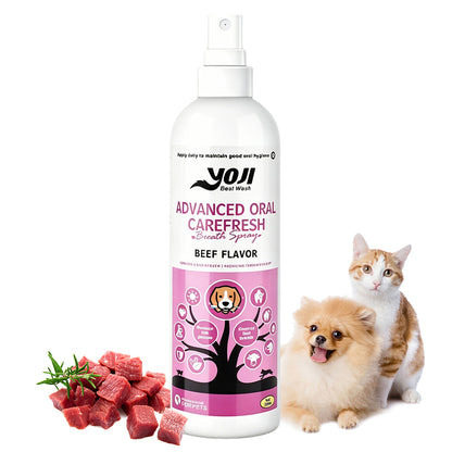 Beef flavor pet dental spray for dogs and cats with milk bottle and happy pets