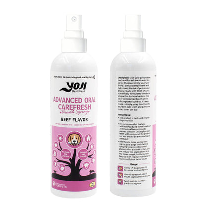 Beef flavor pet oral care spray front and back bottle view for daily dental hygiene