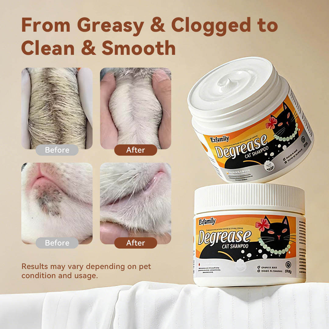 Before and after comparison images showing the effectiveness of Degrease Cat Shampoo in cleaning greasy and clogged cat fur to clean and smooth.