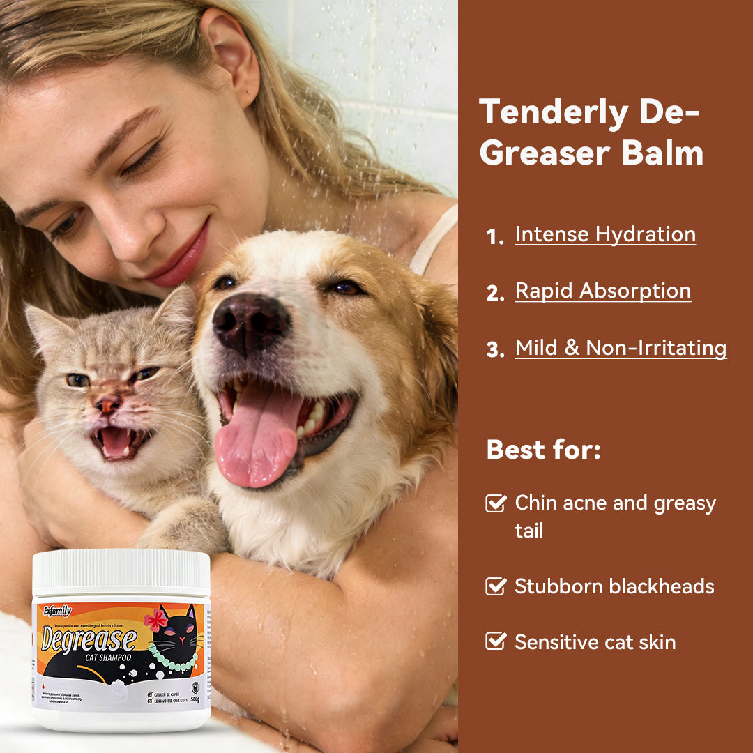 Tenderly De-Greaser Balm product packaging for cats with sensitive skin, featuring deep cleansing and tear-free formula