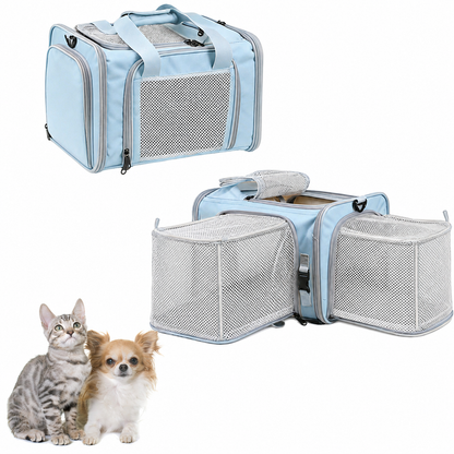 Blue expandable pet bag for small cat and dog