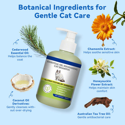 Cat shampoo ingredients: cedarwood oil, chamomile extract, honeysuckle extract, coconut oil derivatives, and tea tree oil