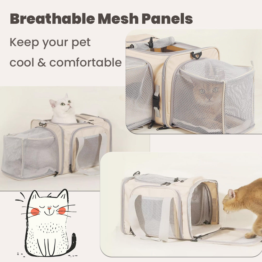 Close-up of breathable mesh panel on pet carrier, designed to keep pets cool and comfortable with optimal airflow during travel.