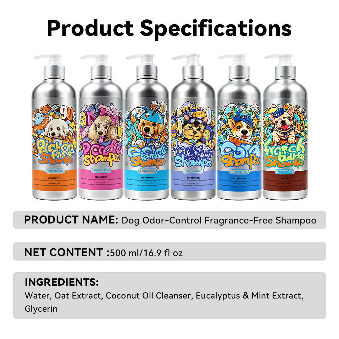 Breed-specific fragrance-free dog shampoo collection for odor control and different coat care needs