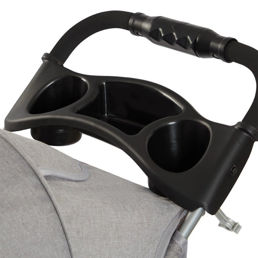 Pet stroller handle with built-in cup holder and storage tray for convenient walks and travel