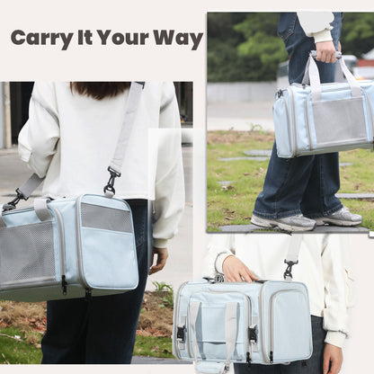 Pet carrier with dual carrying options: sturdy top handle and adjustable shoulder strap, allowing hands-free or handheld portability.