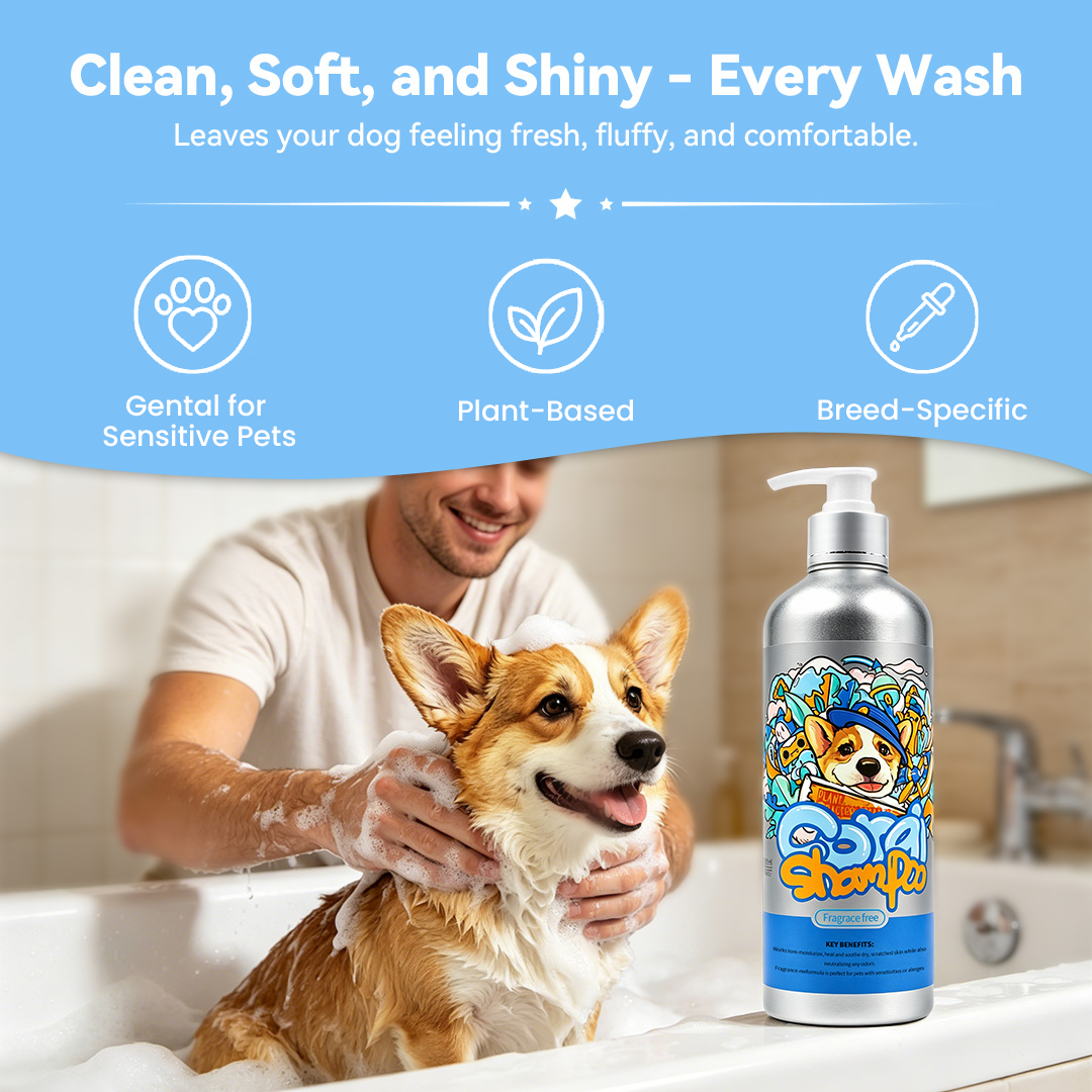 Dog shampoo for clean, soft, and shiny coats with gentle plant-based and breed-specific care