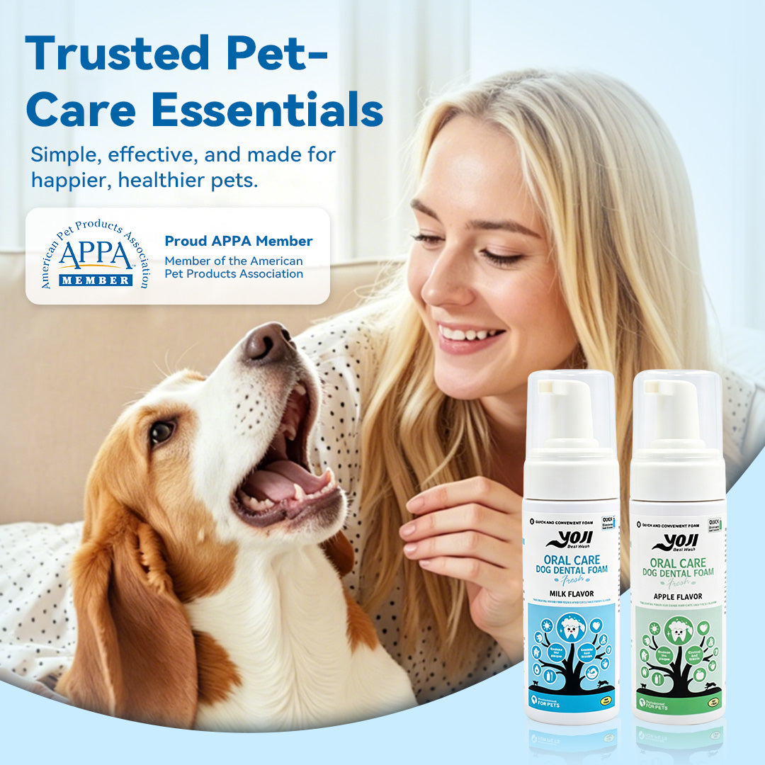 Dog and cat dental foam product with APPA member pet care trust badge