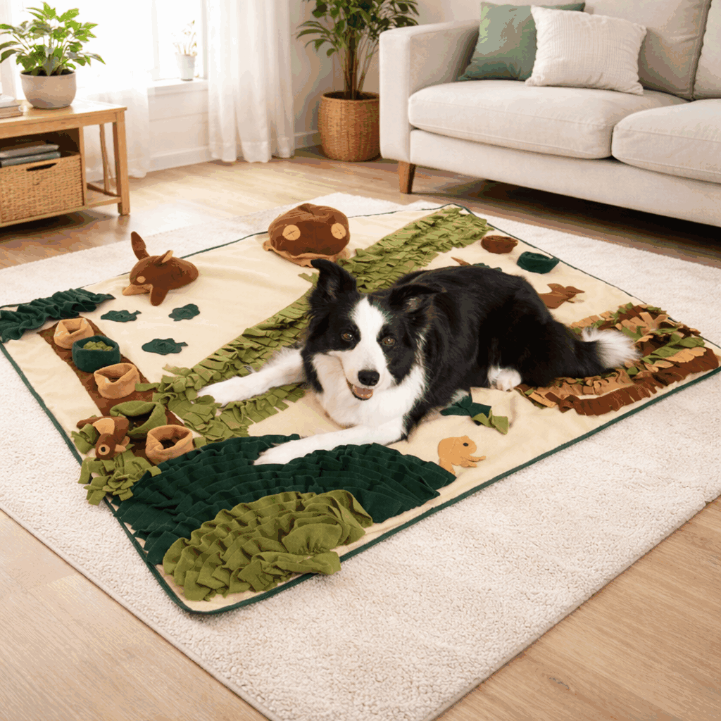 Dog relaxing on a sniffing mat puzzle toy designed for mental stimulation and stress relief