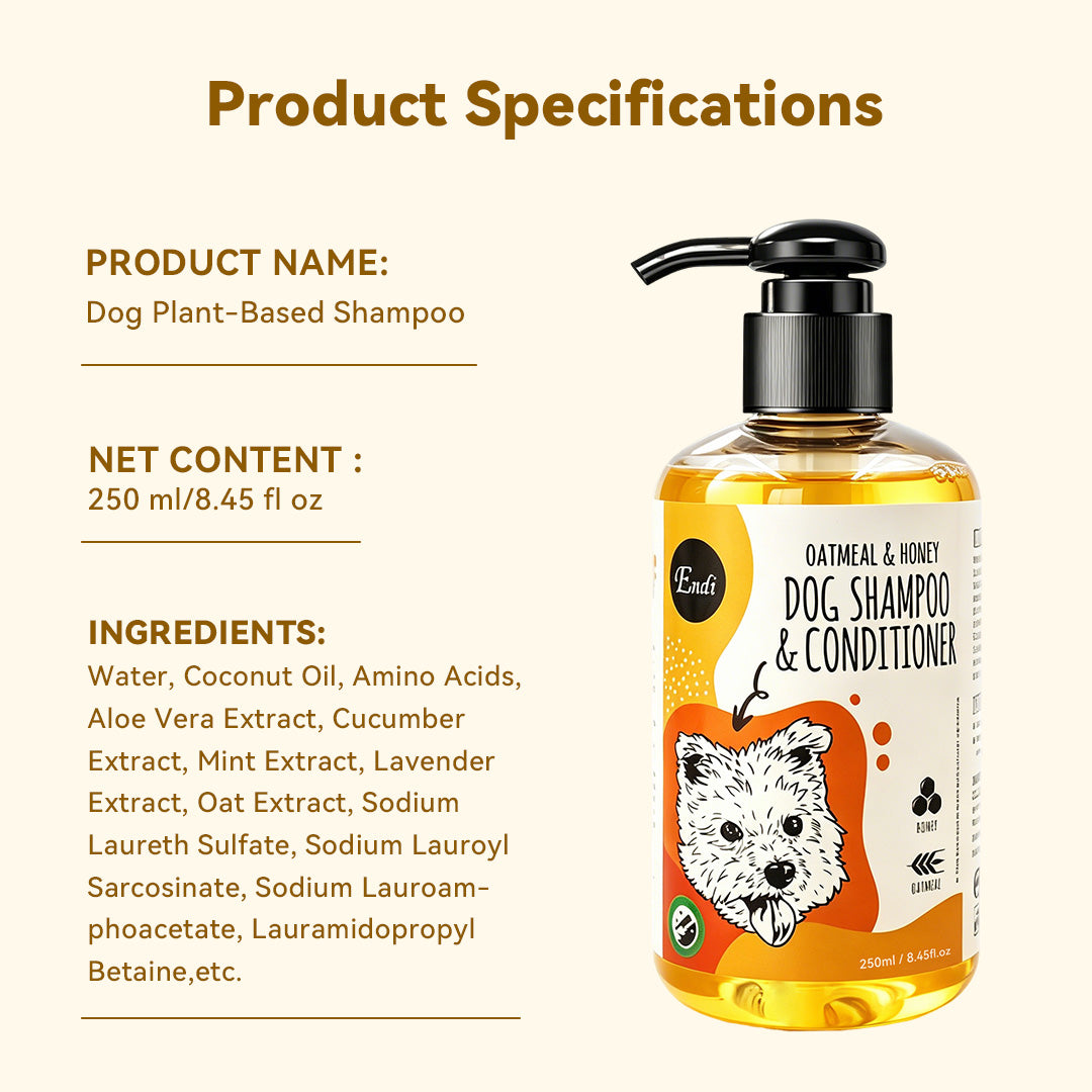 Product specifications graphic for dog plant-based shampoo showing a 250 ml bottle, product name, net content and ingredient list including water, coconut oil, amino acids, aloe vera, cucumber, mint, lavender and oat extracts.