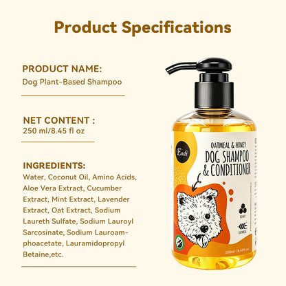 Product specifications graphic for dog plant-based shampoo showing a 250 ml bottle, product name, net content and ingredient list including water, coconut oil, amino acids, aloe vera, cucumber, mint, lavender and oat extracts.