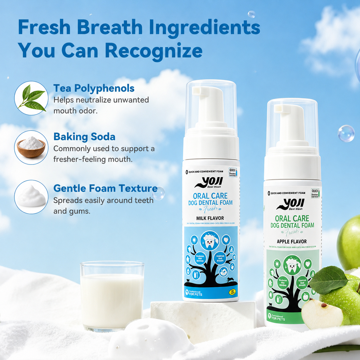 Tea polyphenols, baking soda, and gentle foam ingredients for pet dental care