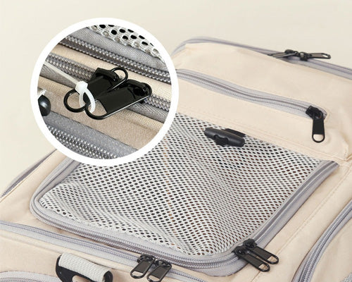 Double zipper with locking holes on pet carrier for added security during travel