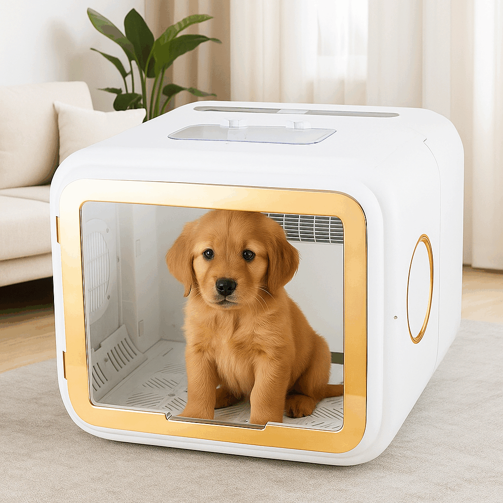 A puppy in a Foldable Smart Pet Drying Box