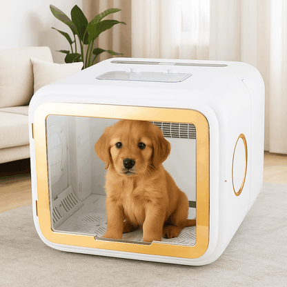 A puppy in a Foldable Smart Pet Drying Box
