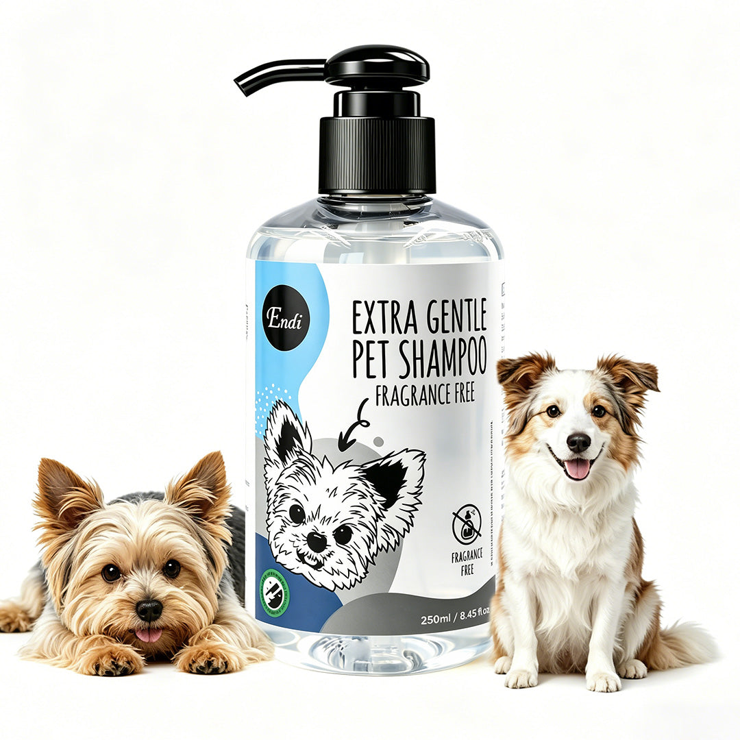 Extra gentle fragrance-free pet shampoo bottle displayed with two dogs on a white background, designed for mild, gentle pet bathing.