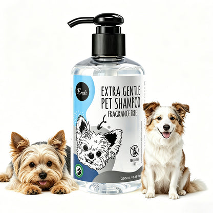 Extra gentle fragrance-free pet shampoo bottle displayed with two dogs on a white background, designed for mild, gentle pet bathing.