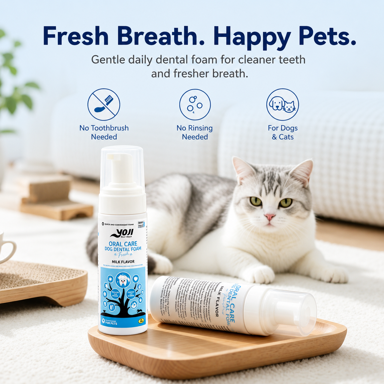 Cat with petsgofun dog and cat dental foam bottles for fresh breath, no toothbrush needed, and daily pet oral care