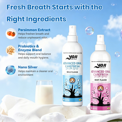 Pet dental spray ingredients with persimmon extract, probiotics enzyme blend, and nano silver for fresh breath oral care