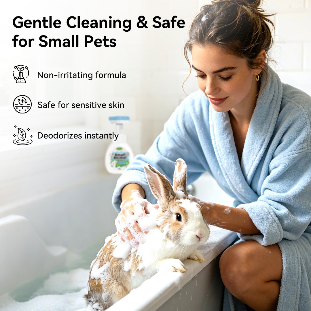 Small pet safe cleansing foam – gentle, non-irritating, instant deodorizing for sensitive skin.