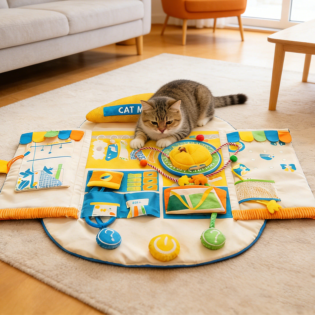 Cat playing on an interactive treat-hiding play mat at home