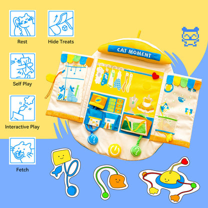 Overview of interactive cat play mat with modular toys and play components