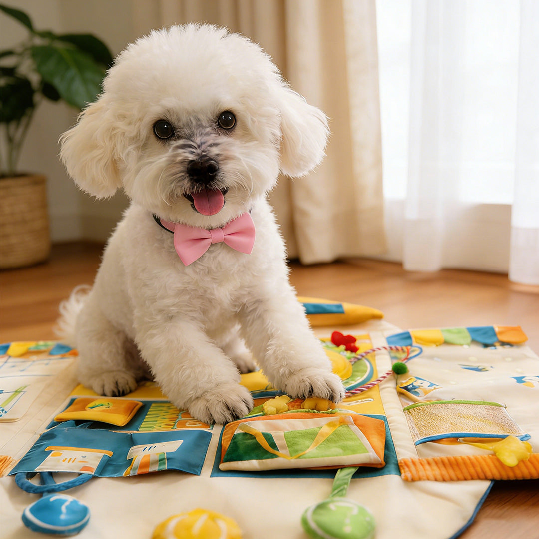 Small dog and cat using a multifunctional interactive play mat indoors