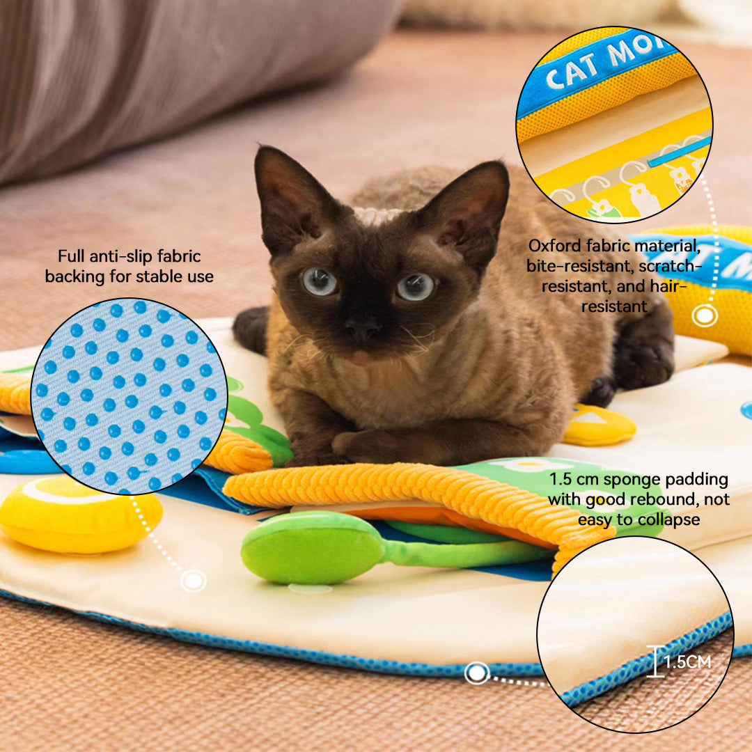 Cat resting and playing on a padded interactive sniffing mat with non-slip base
