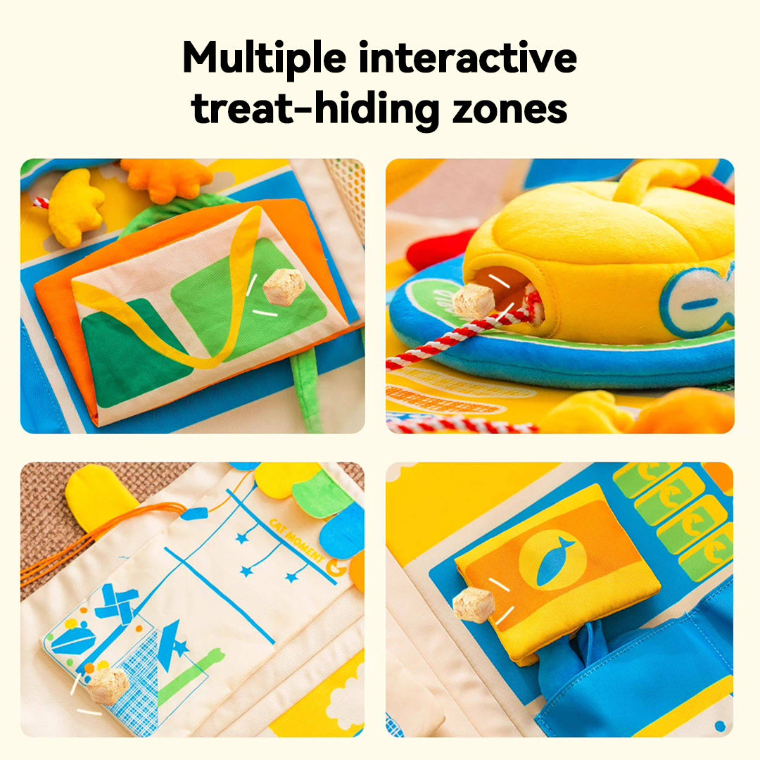 Close-up of multiple interactive treat-hiding zones on cat snuffle mat