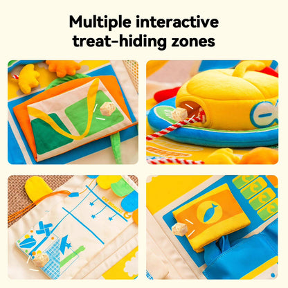 Close-up of multiple interactive treat-hiding zones on cat snuffle mat