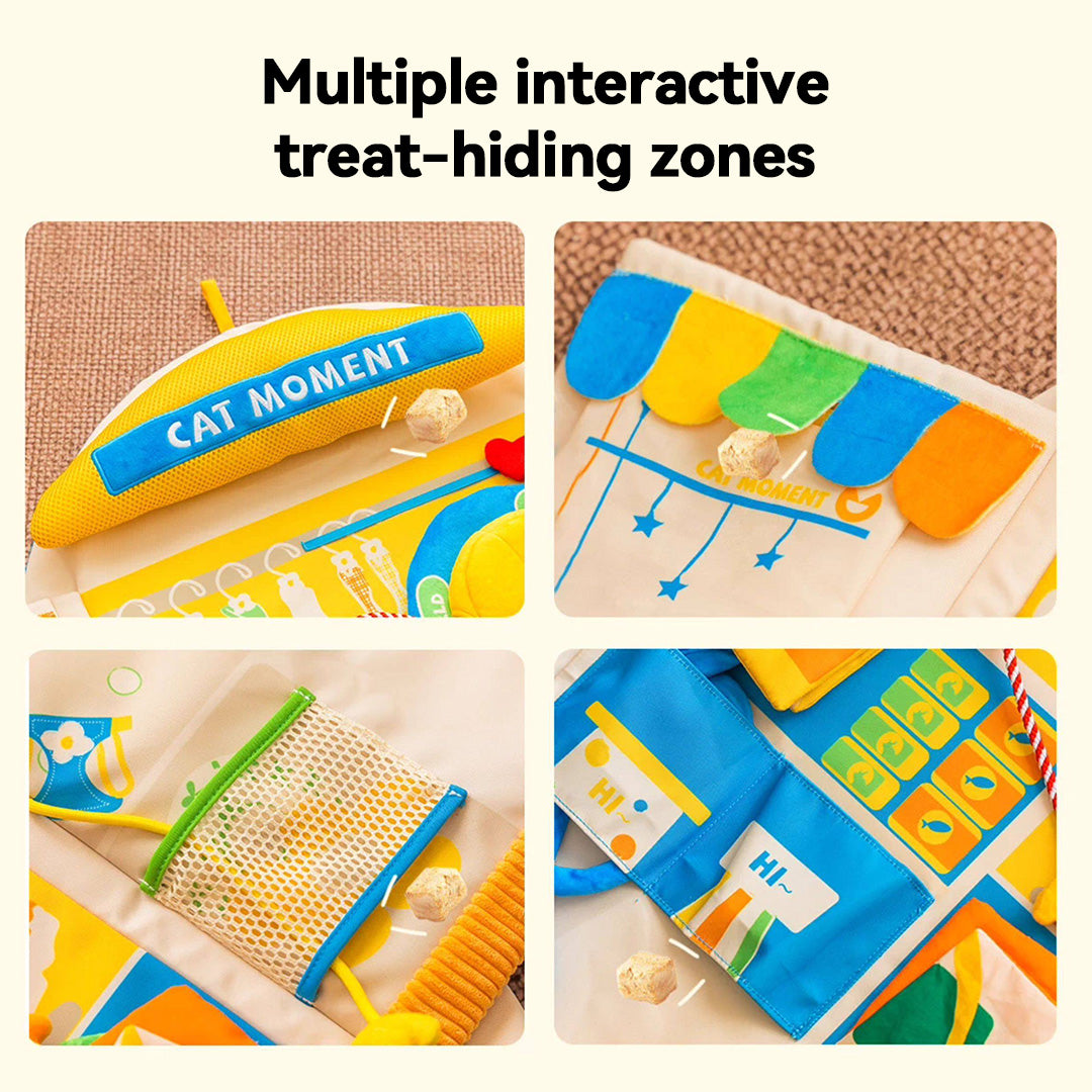 Detailed view of treat pockets and detachable toys on interactive cat mat