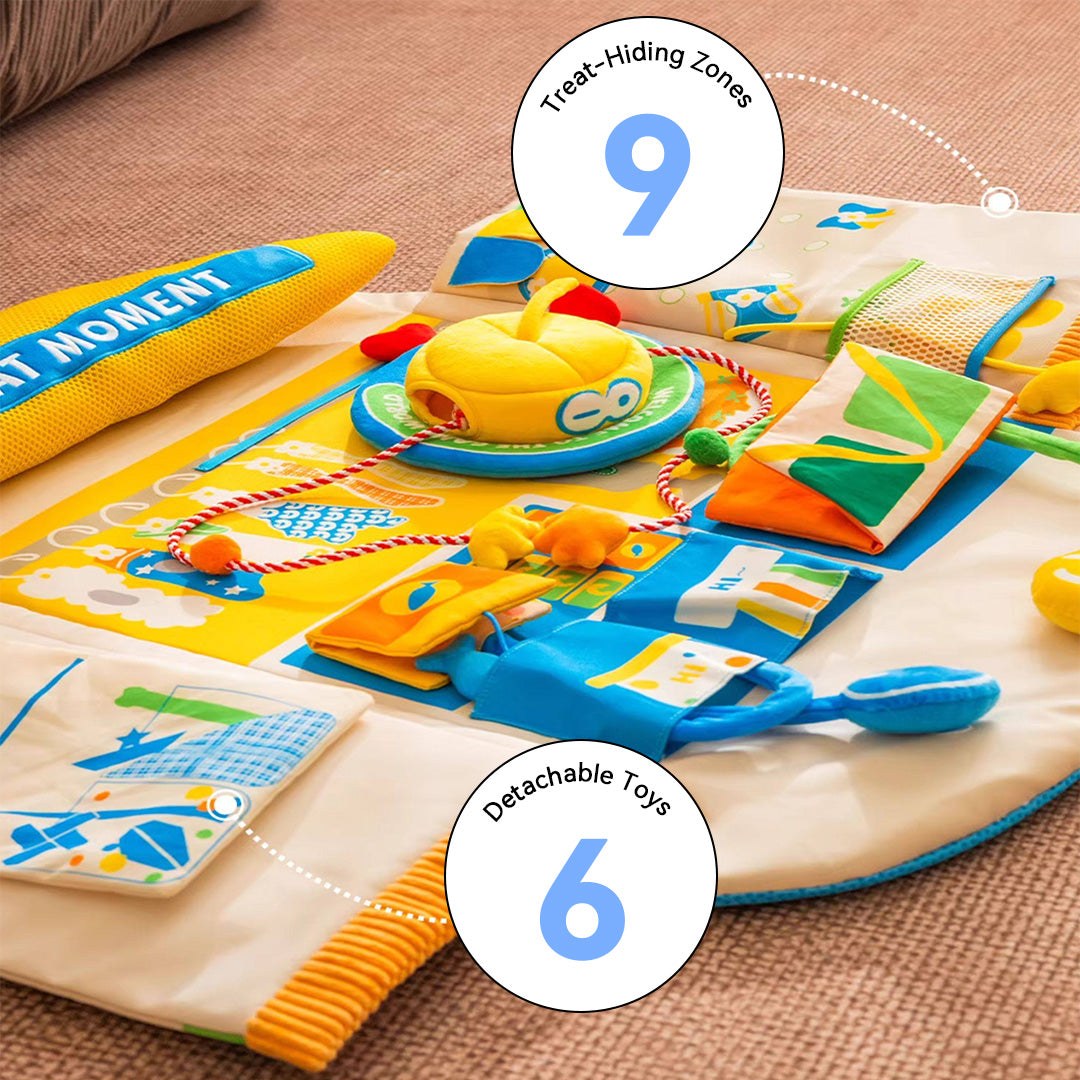 Interactive cat play mat showing multiple difficulty levels for enrichment