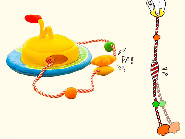 Meow hat toy with ropes and soft attachments for pulling, hiding, and batting
