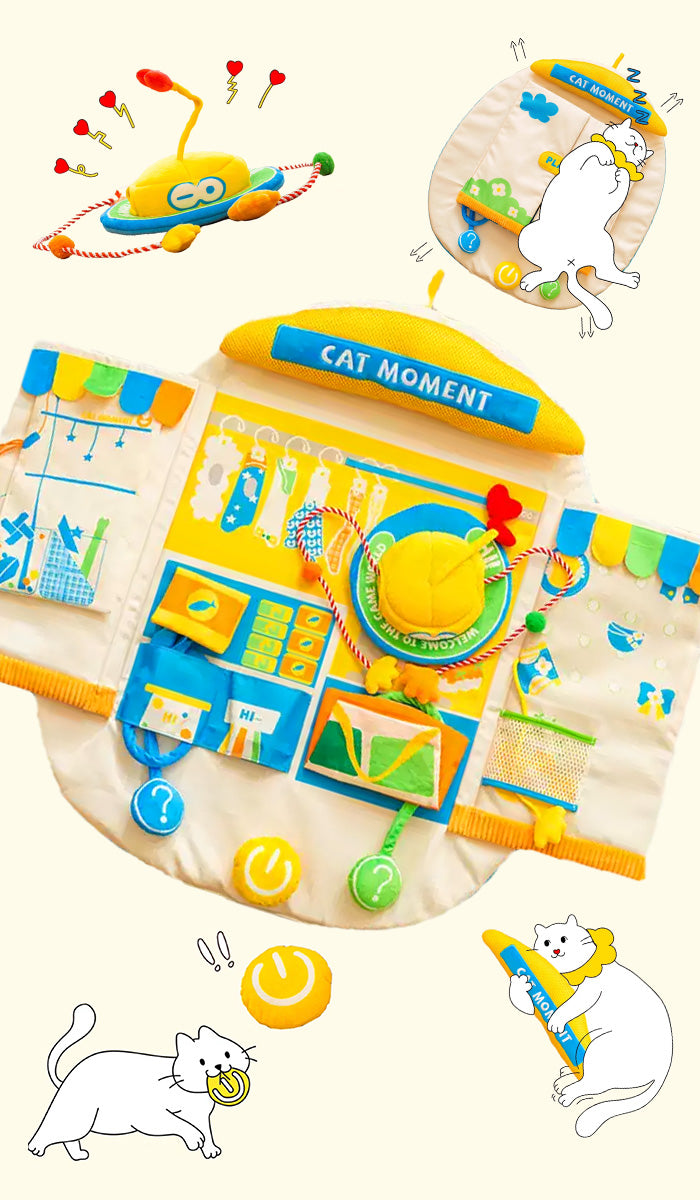 Overview of interactive cat play mat showing multiple play modes and activities